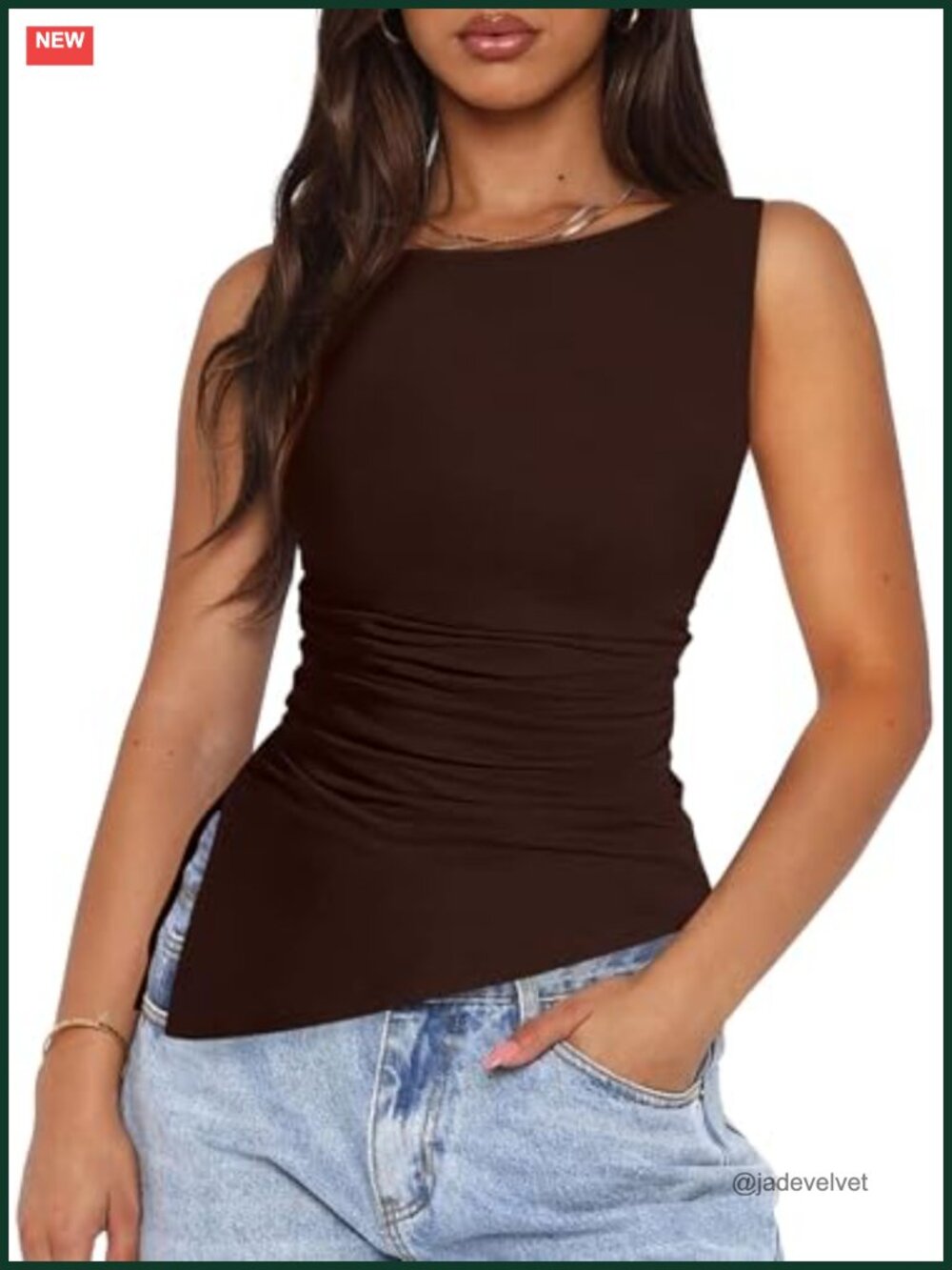 Women's Ruched Sleeveless Tank Top Slim Fit Boat Neck Side Slit Summer Casual